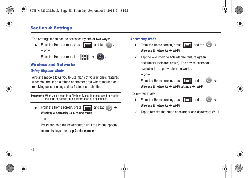 Section 4: settings, Wireless and networks | Samsung SCH-M828CAATFN User Manual | Page 52 / 149