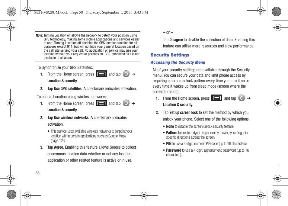 Security settings | Samsung SCH-M828CAATFN User Manual | Page 62 / 149