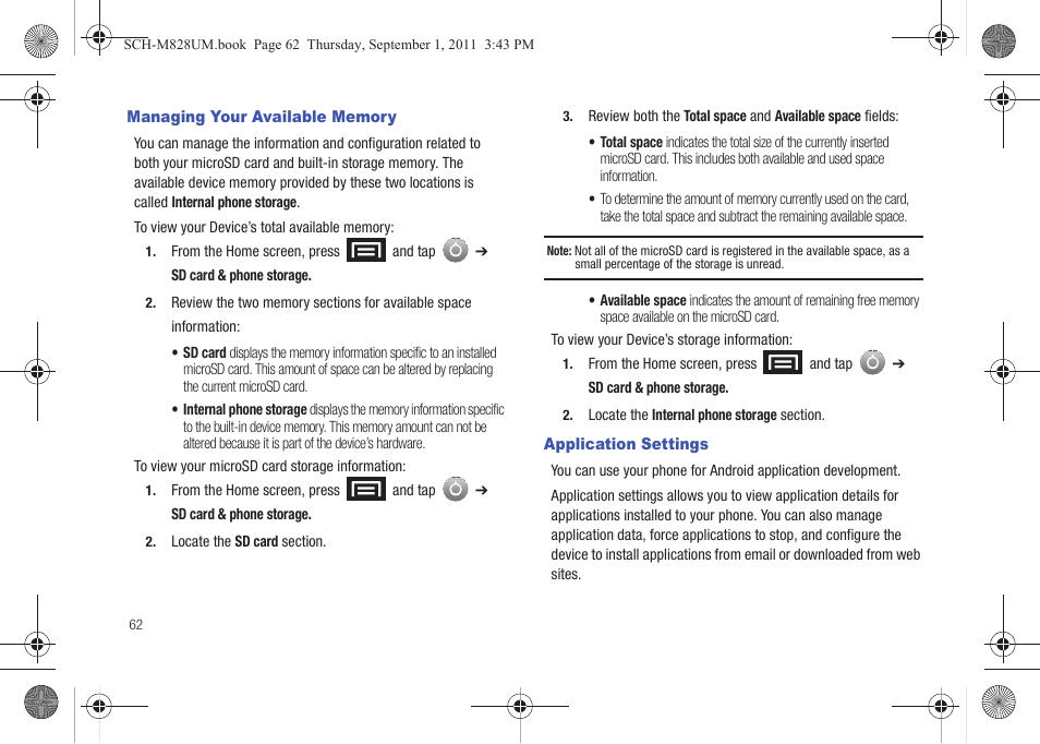 Managing your available memory, Application settings | Samsung SCH-M828CAATFN User Manual | Page 66 / 149