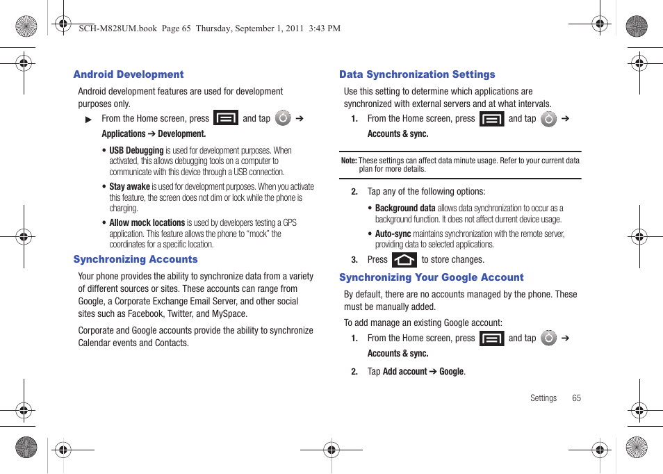 Android development, Synchronizing accounts, Data synchronization settings | Synchronizing your google account | Samsung SCH-M828CAATFN User Manual | Page 69 / 149