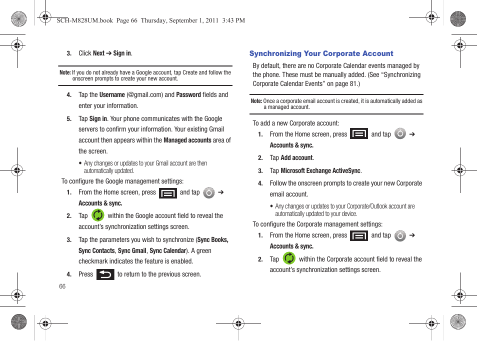 Synchronizing your corporate account | Samsung SCH-M828CAATFN User Manual | Page 70 / 149