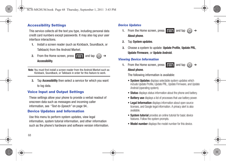 Accessibility settings, Voice input and output settings, Device updates and information | Samsung SCH-M828CAATFN User Manual | Page 72 / 149