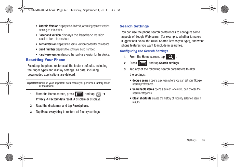 Resetting your phone, Search settings, Resetting your phone search settings | Samsung SCH-M828CAATFN User Manual | Page 73 / 149