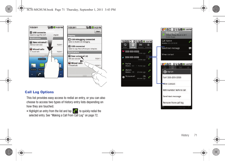 Call log options | Samsung SCH-M828CAATFN User Manual | Page 75 / 149