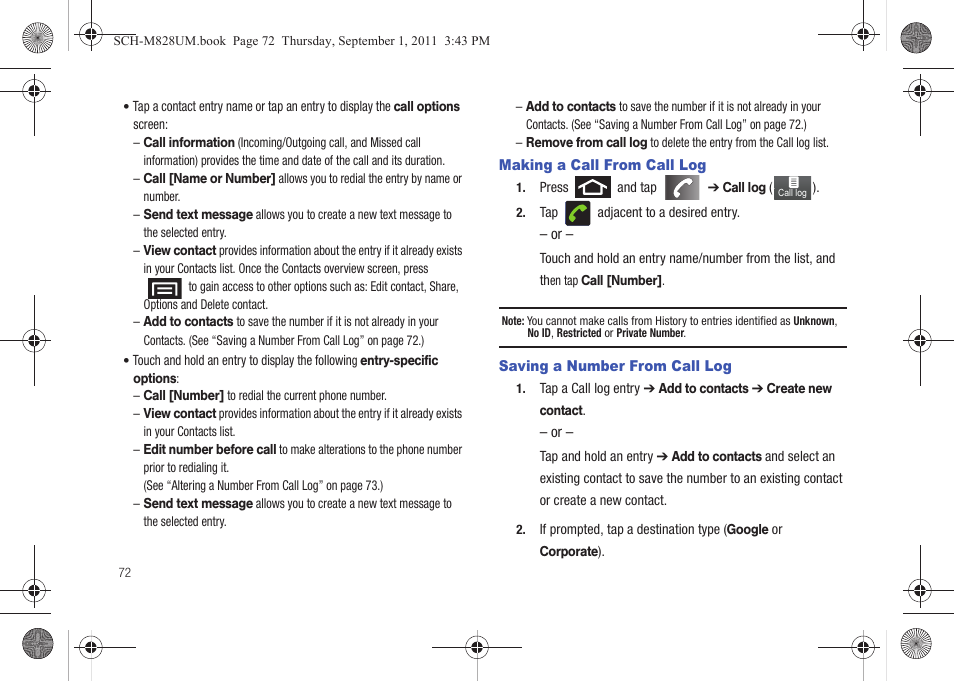 Making a call from call log, Saving a number from call log | Samsung SCH-M828CAATFN User Manual | Page 76 / 149