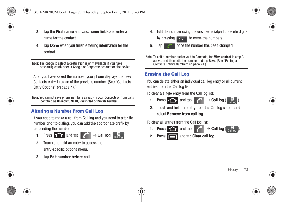 Altering a number from call log, Erasing the call log | Samsung SCH-M828CAATFN User Manual | Page 77 / 149