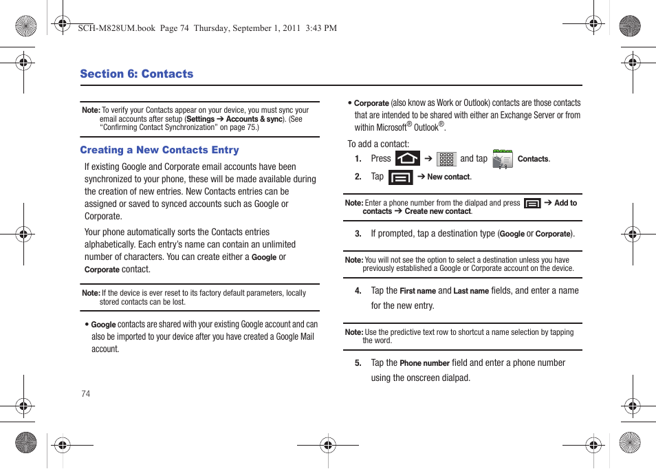 Section 6: contacts, Creating a new contacts entry | Samsung SCH-M828CAATFN User Manual | Page 78 / 149