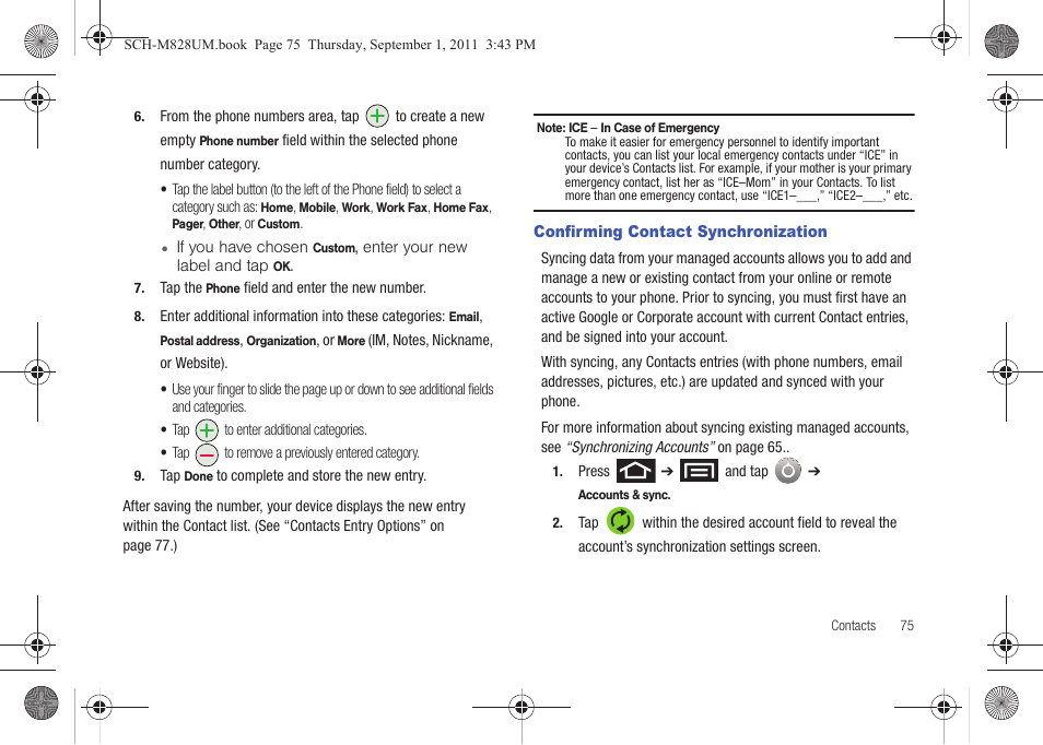 Confirming contact synchronization | Samsung SCH-M828CAATFN User Manual | Page 79 / 149