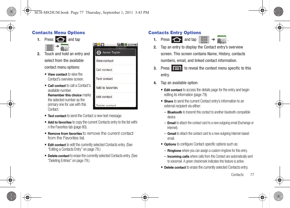 Contacts menu options, Contacts entry options, Contacts menu options contacts entry options | Samsung SCH-M828CAATFN User Manual | Page 81 / 149