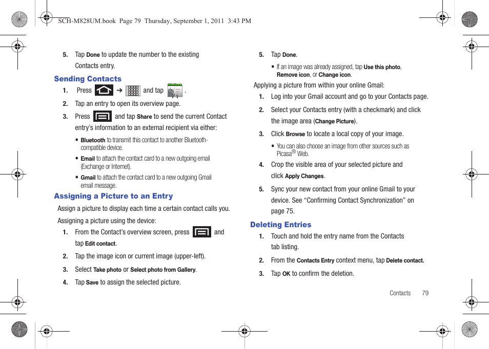 Sending contacts, Assigning a picture to an entry, Deleting entries | Samsung SCH-M828CAATFN User Manual | Page 83 / 149