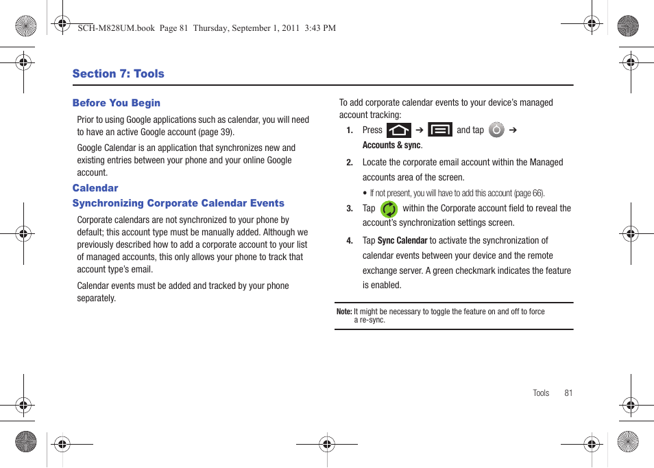 Section 7: tools, Before you begin, Calendar | Synchronizing corporate calendar events | Samsung SCH-M828CAATFN User Manual | Page 85 / 149