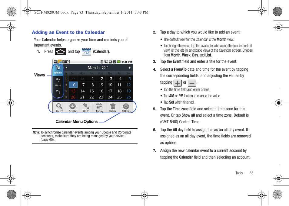 Adding an event to the calendar | Samsung SCH-M828CAATFN User Manual | Page 87 / 149