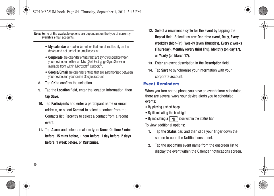 Event reminders | Samsung SCH-M828CAATFN User Manual | Page 88 / 149