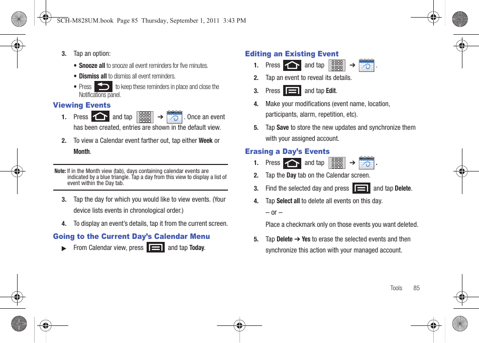 Viewing events, Going to the current day’s calendar menu, Editing an existing event | Erasing a day’s events | Samsung SCH-M828CAATFN User Manual | Page 89 / 149