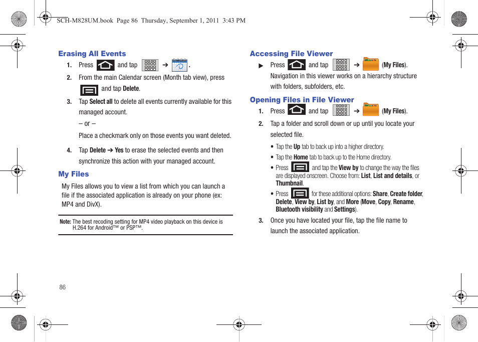 Erasing all events, My files, Accessing file viewer | Opening files in file viewer | Samsung SCH-M828CAATFN User Manual | Page 90 / 149