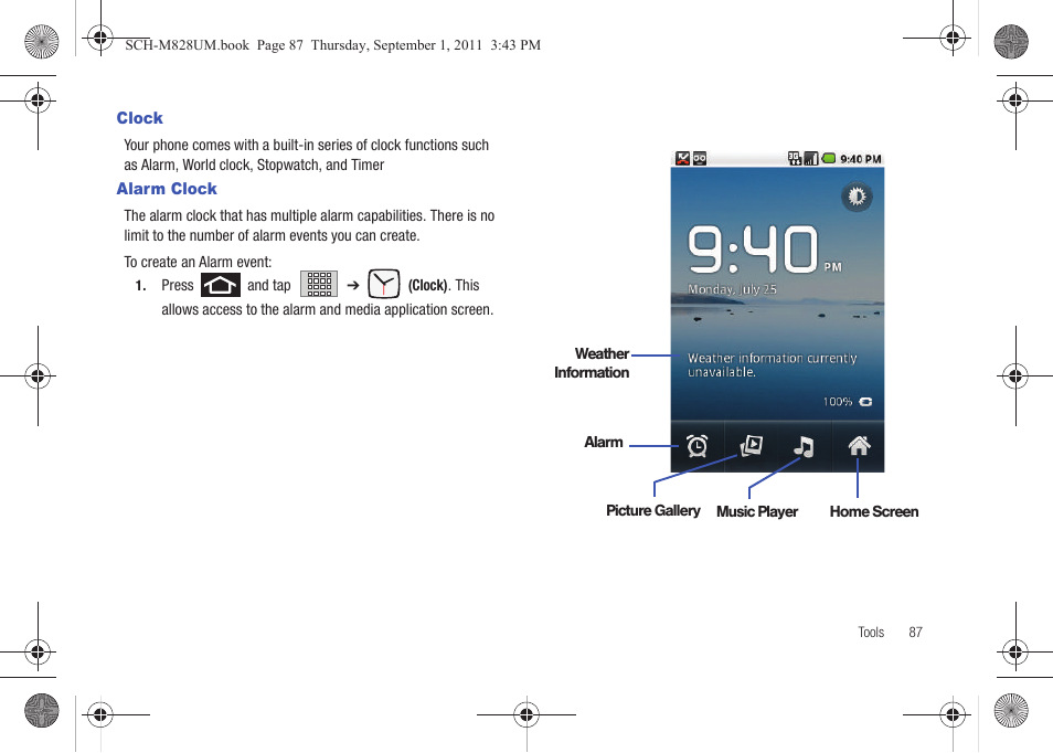 Clock, Alarm clock, Clock alarm clock | Samsung SCH-M828CAATFN User Manual | Page 91 / 149