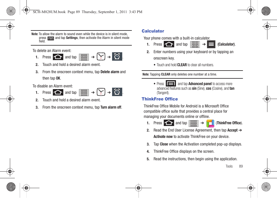 Calculator, Thinkfree office, Calculator thinkfree office | Samsung SCH-M828CAATFN User Manual | Page 93 / 149