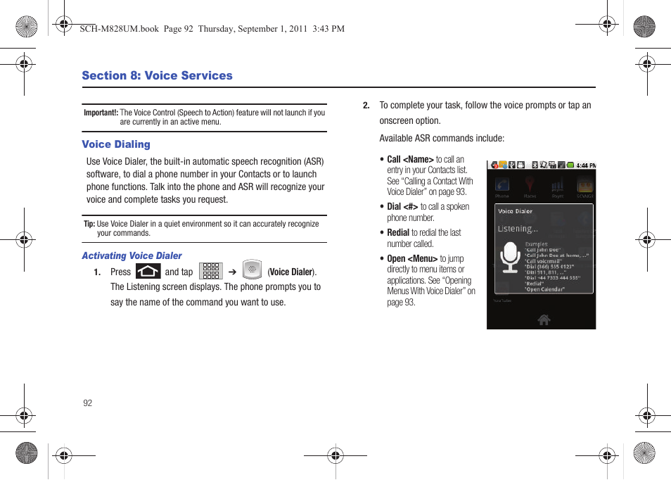 Section 8: voice services, Voice dialing | Samsung SCH-M828CAATFN User Manual | Page 96 / 149