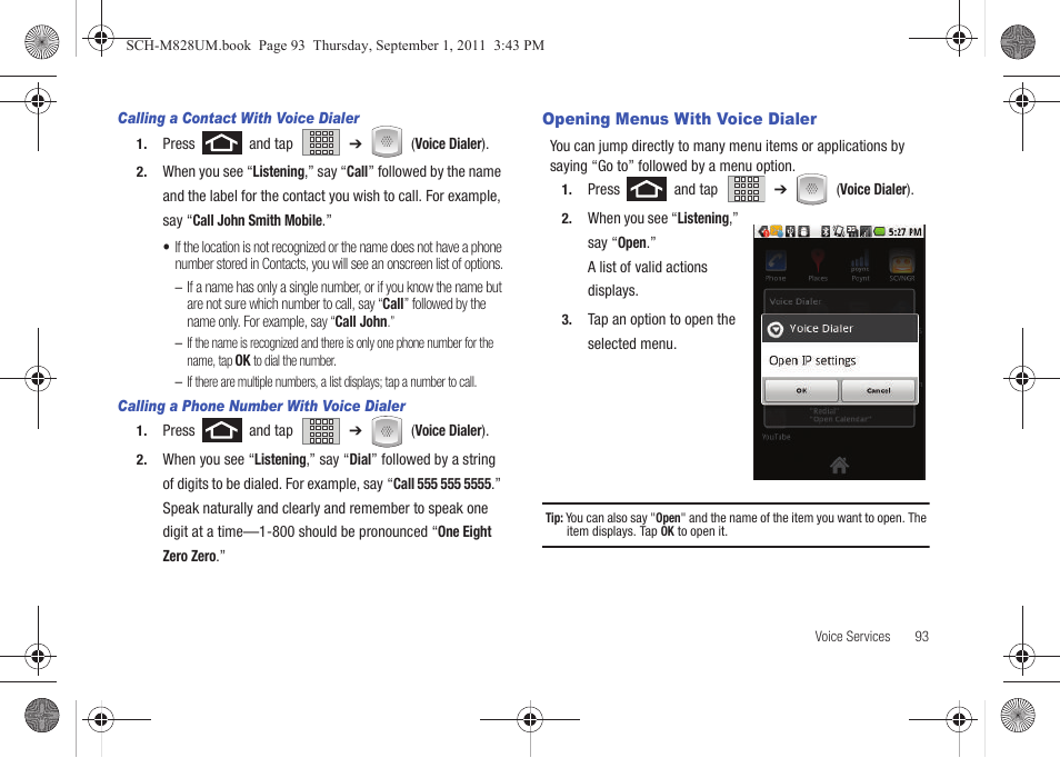 Opening menus with voice dialer | Samsung SCH-M828CAATFN User Manual | Page 97 / 149