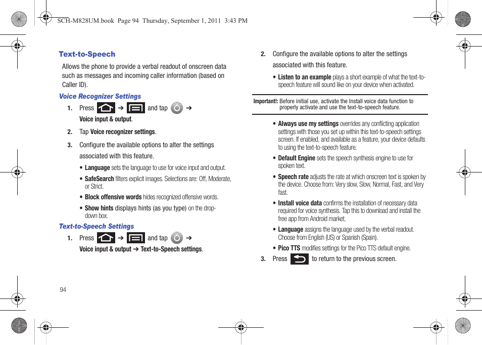 Text-to-speech | Samsung SCH-M828CAATFN User Manual | Page 98 / 149