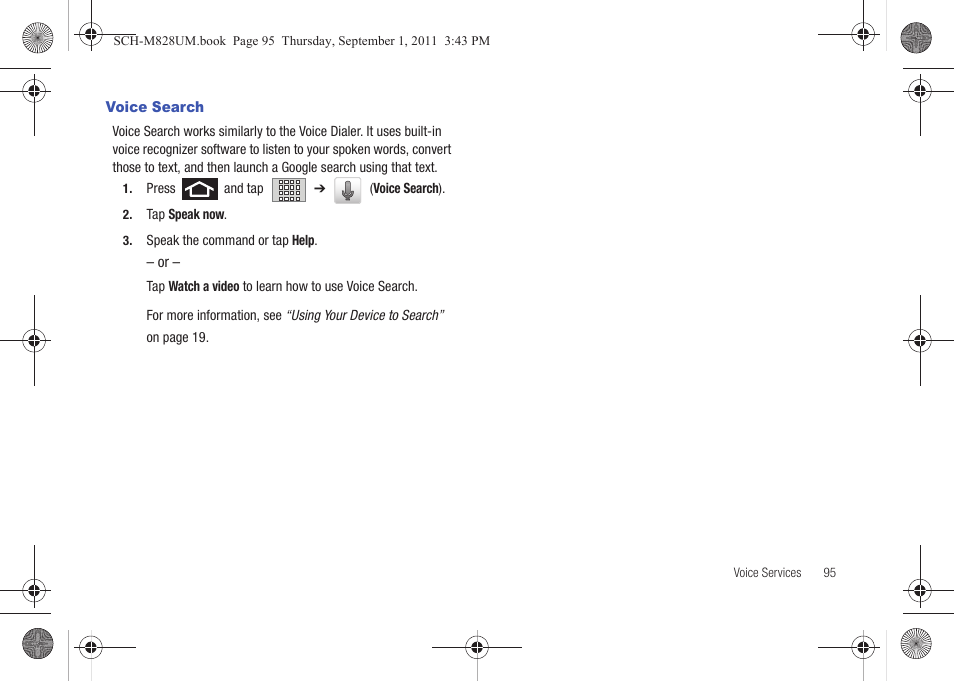 Voice search | Samsung SCH-M828CAATFN User Manual | Page 99 / 149