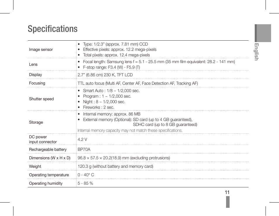 Specifications | Samsung EC-SL630ZBPSUS User Manual | Page 11 / 22