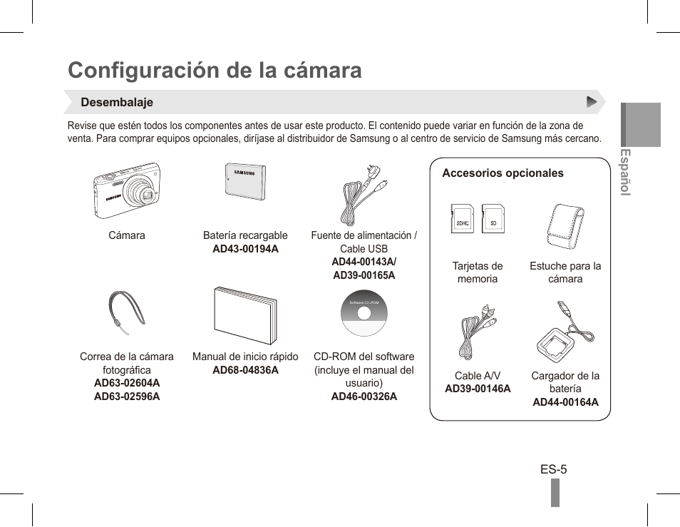 Configuración de la cámara | Samsung EC-SL630ZBPSUS User Manual | Page 15 / 22