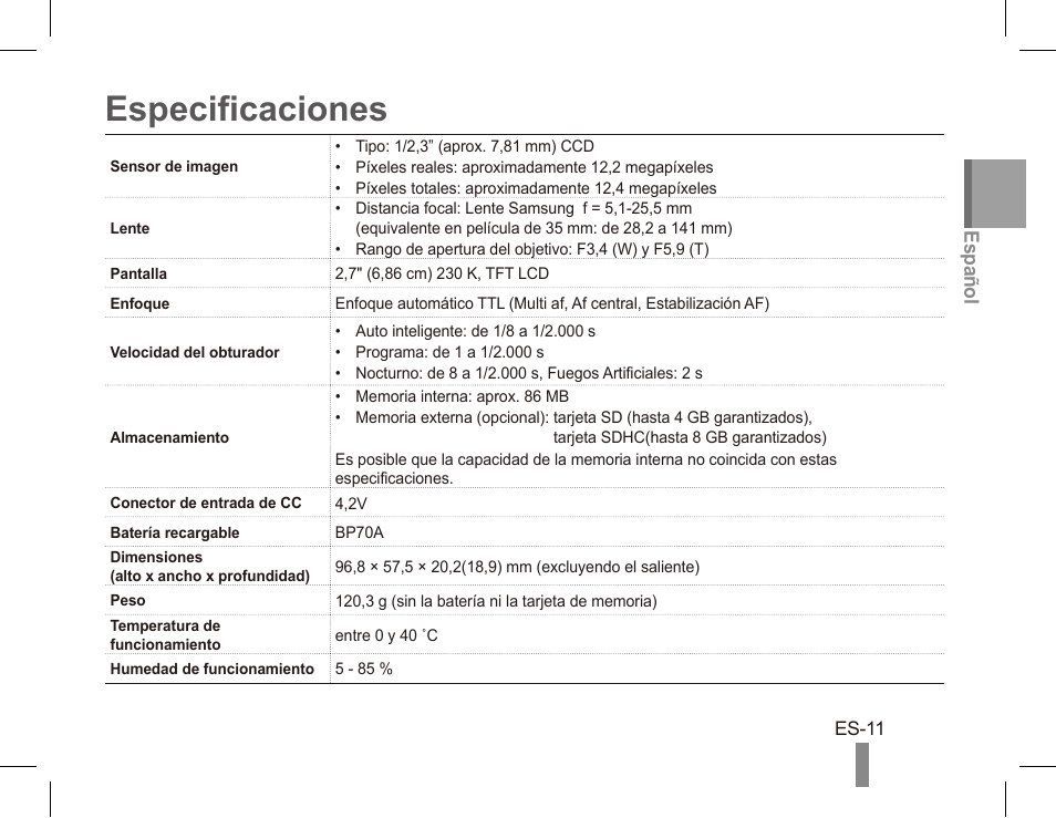 Especificaciones | Samsung EC-SL630ZBPSUS User Manual | Page 21 / 22