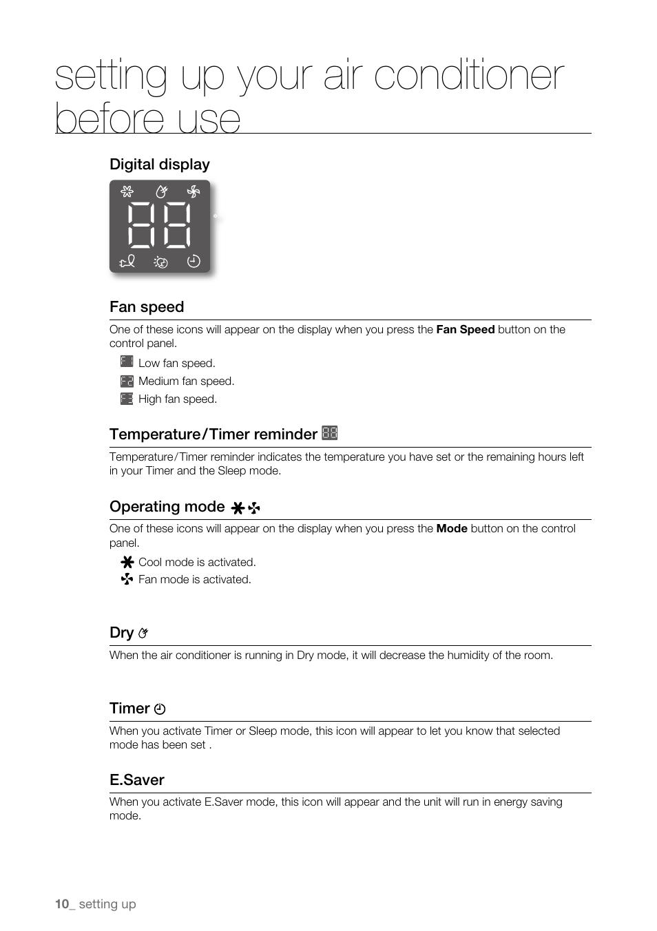 Setting up your air conditioner before use | Samsung AW15ECB8XAA User Manual | Page 10 / 22