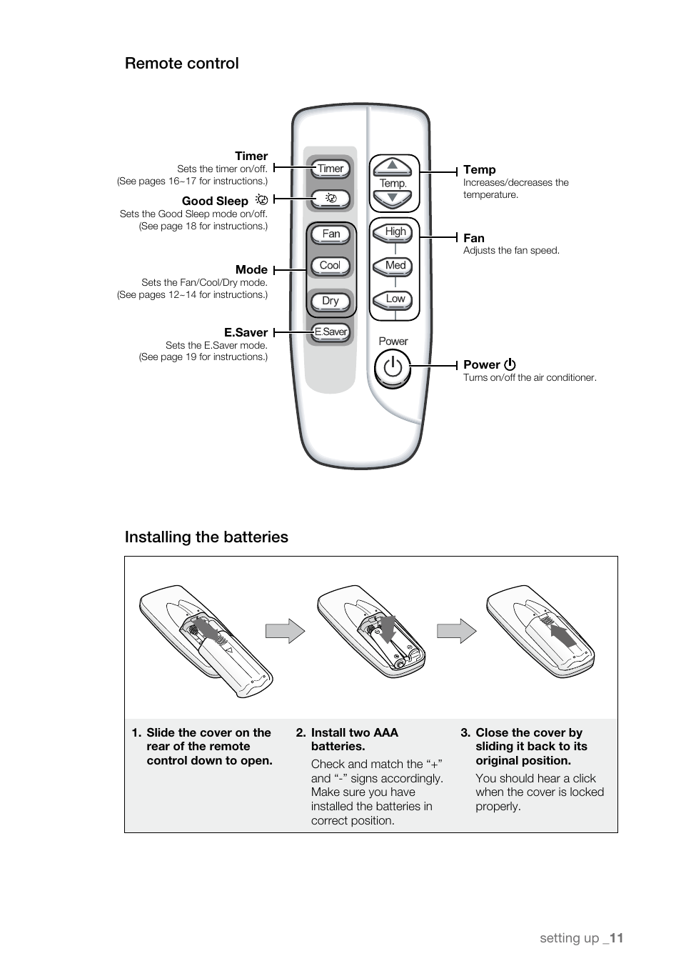 Remote control, Installing the batteries | Samsung AW15ECB8XAA User Manual | Page 11 / 22