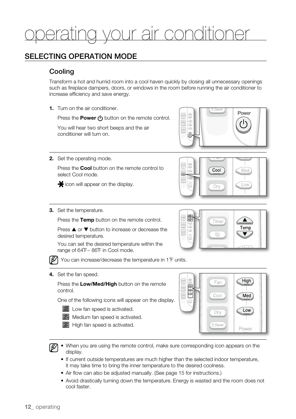 Operating your air conditioner, Selecting operation mode, Cooling | Samsung AW15ECB8XAA User Manual | Page 12 / 22