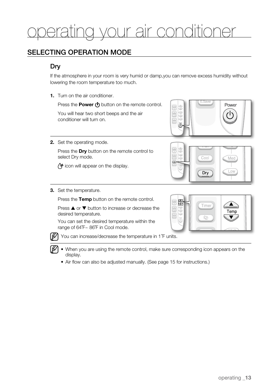 Operating your air conditioner, Selecting operation mode | Samsung AW15ECB8XAA User Manual | Page 13 / 22