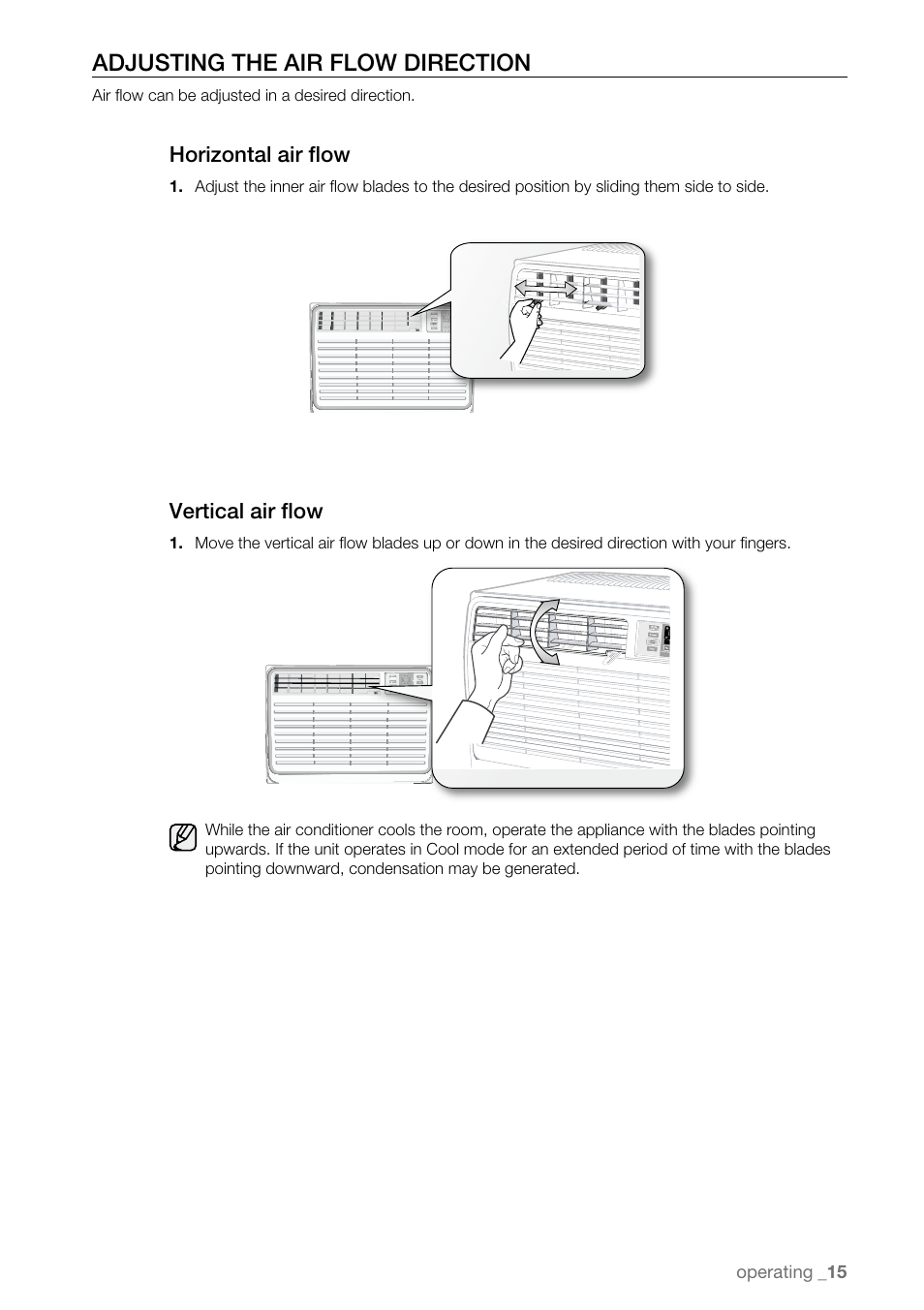 Adjusting the air flow direction, Horizontal air flow, Vertical air flow | Samsung AW15ECB8XAA User Manual | Page 15 / 22