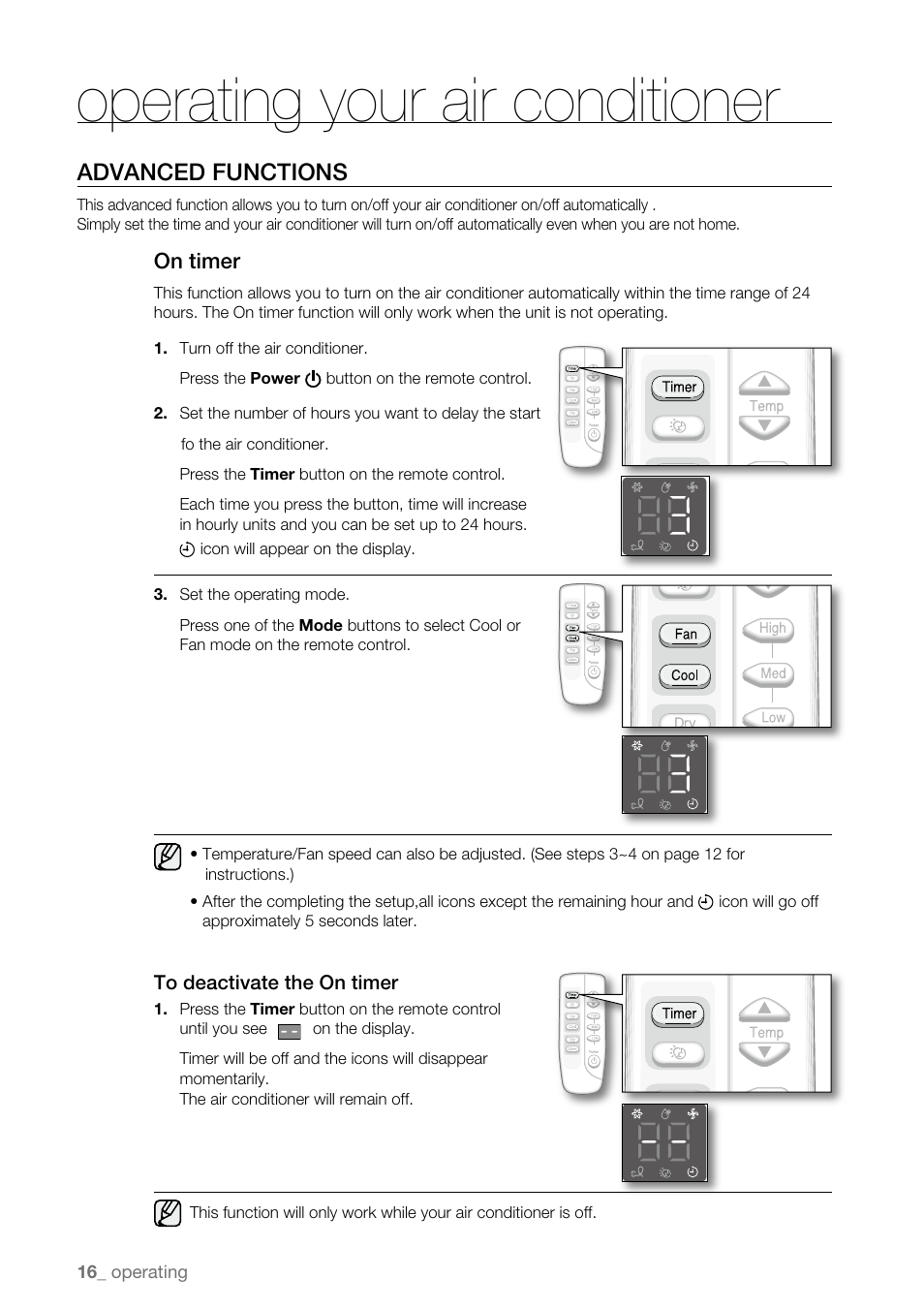 Operating your air conditioner, Advanced functions, On timer | Samsung AW15ECB8XAA User Manual | Page 16 / 22