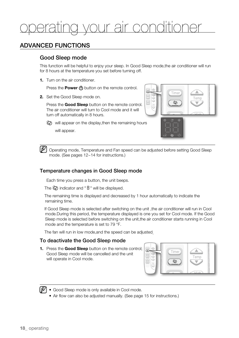 Operating your air conditioner, Advanced functions, Good sleep mode | Samsung AW15ECB8XAA User Manual | Page 18 / 22