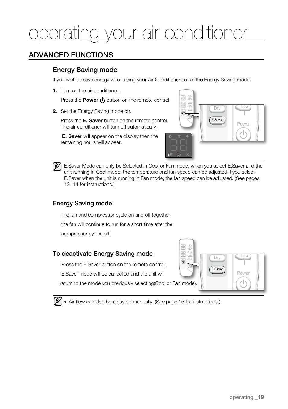 Operating your air conditioner, Advanced functions, Energy saving mode | Samsung AW15ECB8XAA User Manual | Page 19 / 22