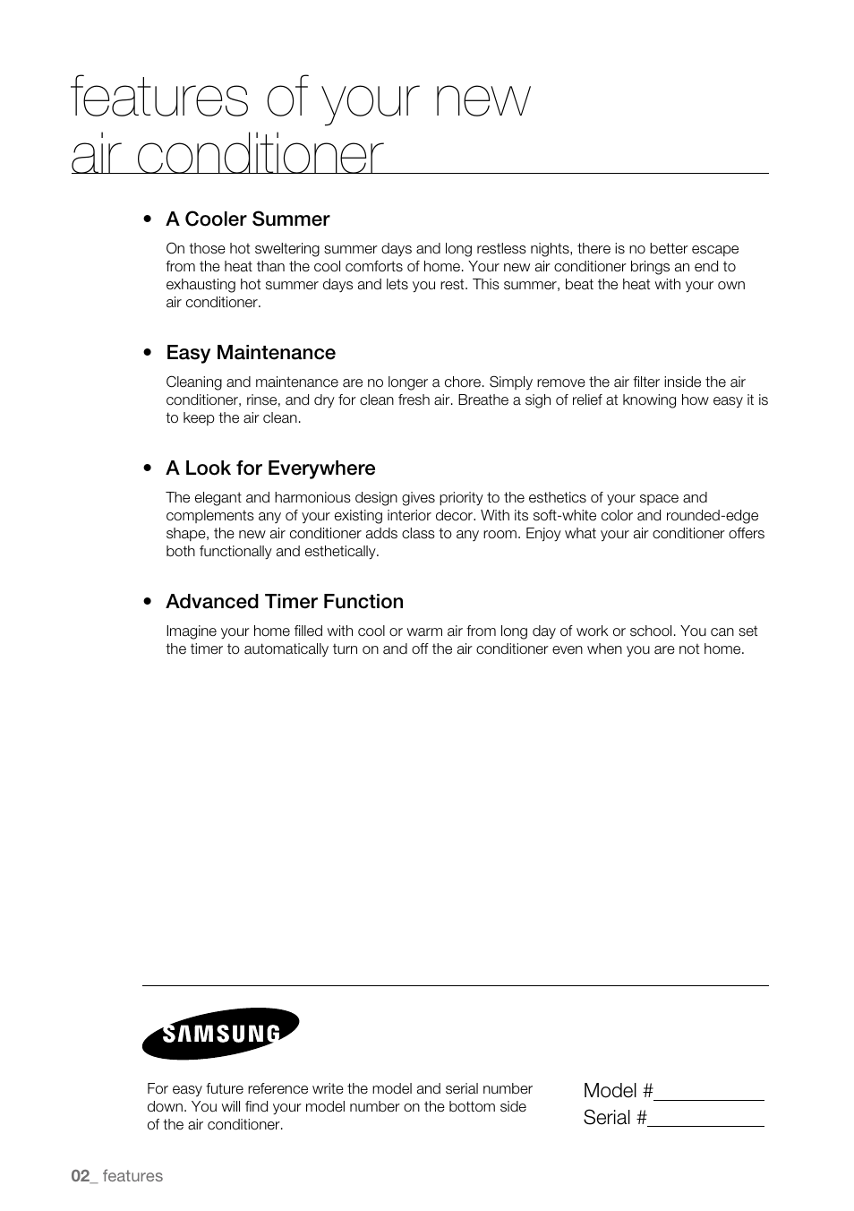 Features of your new air conditioner | Samsung AW15ECB8XAA User Manual | Page 2 / 22