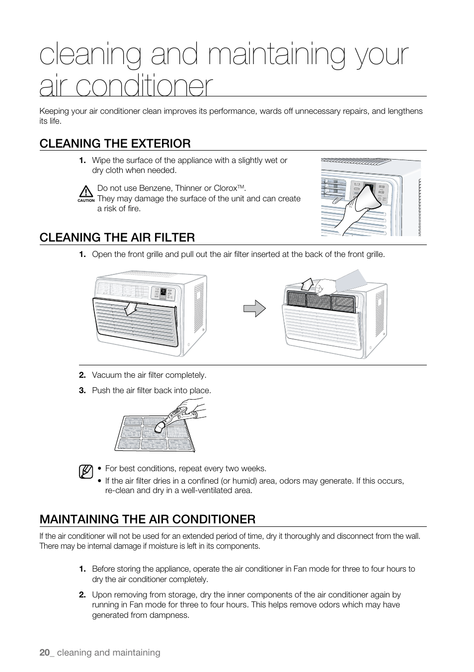 Cleaning and maintaining your air conditioner, Cleaning the exterior, Cleaning the air filter | Maintaining the air conditioner | Samsung AW15ECB8XAA User Manual | Page 20 / 22