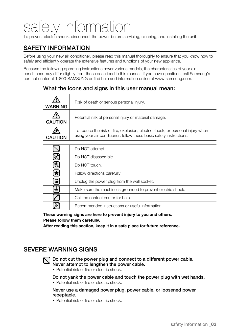 Safety information, Severe warning signs | Samsung AW15ECB8XAA User Manual | Page 3 / 22