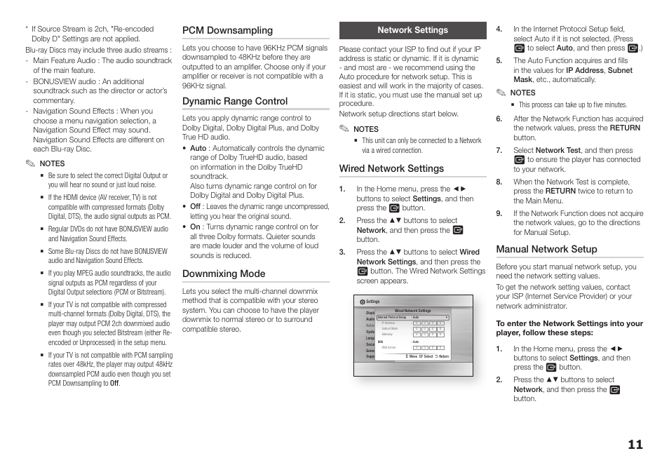 Network settings, Pcm downsampling, Dynamic range control | Downmixing mode, Wired network settings, Manual network setup | Samsung BD-F5100-ZA User Manual | Page 11 / 25