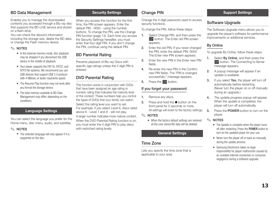 Language settings, Security settings, General settings | Support settings | Samsung BD-F5100-ZA User Manual | Page 13 / 25