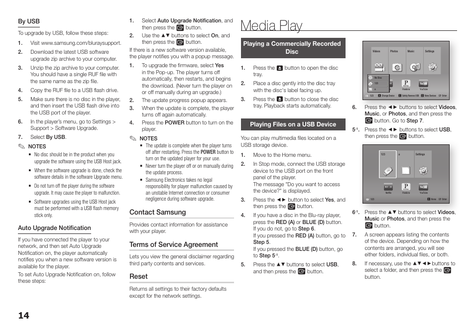 Media play, Playing a commercially recorded disc, Playing files on a usb device | Samsung BD-F5100-ZA User Manual | Page 14 / 25