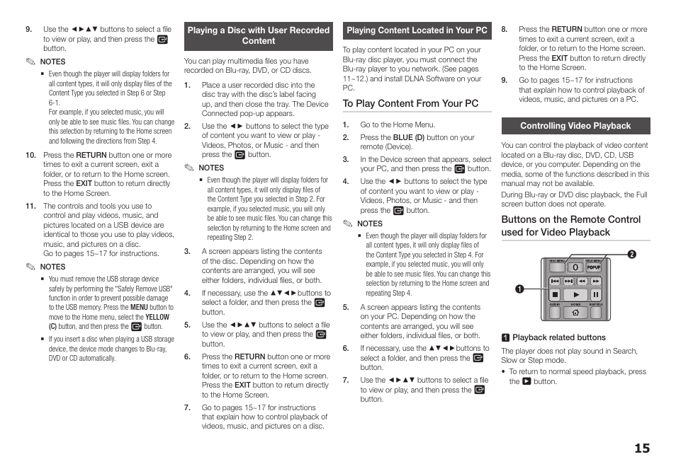 Playing a disc with user recorded content, Playing content located in your pc, Controlling video playback | Samsung BD-F5100-ZA User Manual | Page 15 / 25