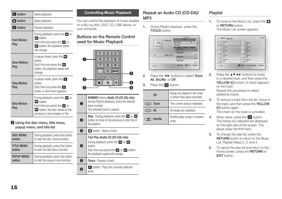 Controlling music playback, Repeat an audio cd (cd-da)/ mp3, Playlist | Samsung BD-F5100-ZA User Manual | Page 16 / 25