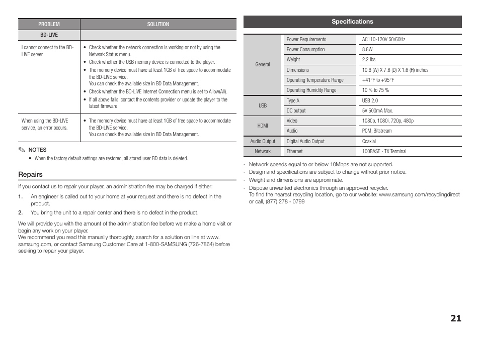 Specifications | Samsung BD-F5100-ZA User Manual | Page 21 / 25