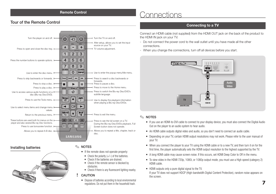 Remote control, Connections, Connecting to a tv | Connections connecting to a tv, Tour of the remote control | Samsung BD-F5100-ZA User Manual | Page 7 / 25