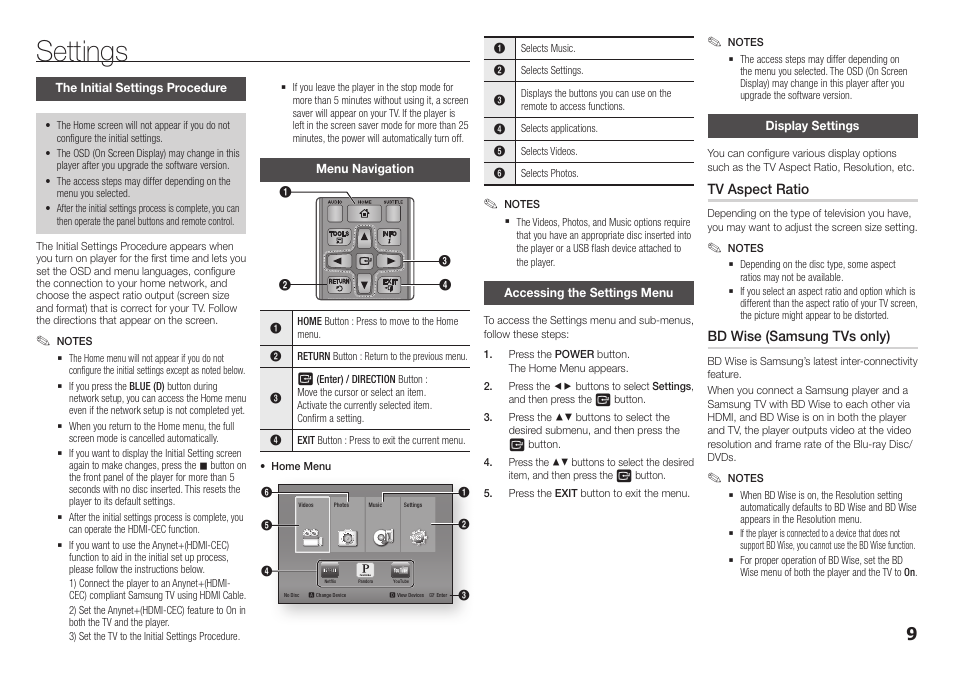 Settings, The initial settings procedure, Menu navigation | Accessing the settings menu, Display settings | Samsung BD-F5100-ZA User Manual | Page 9 / 25