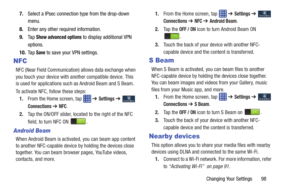 S beam, Nearby devices, Nfc s beam nearby devices | Samsung SGH-I527ZKBATT User Manual | Page 105 / 237