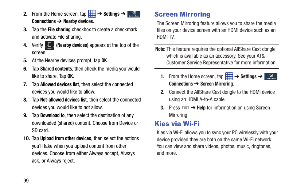 Screen mirroring, Kies via wi-fi, Screen mirroring kies via wi-fi | Samsung SGH-I527ZKBATT User Manual | Page 106 / 237