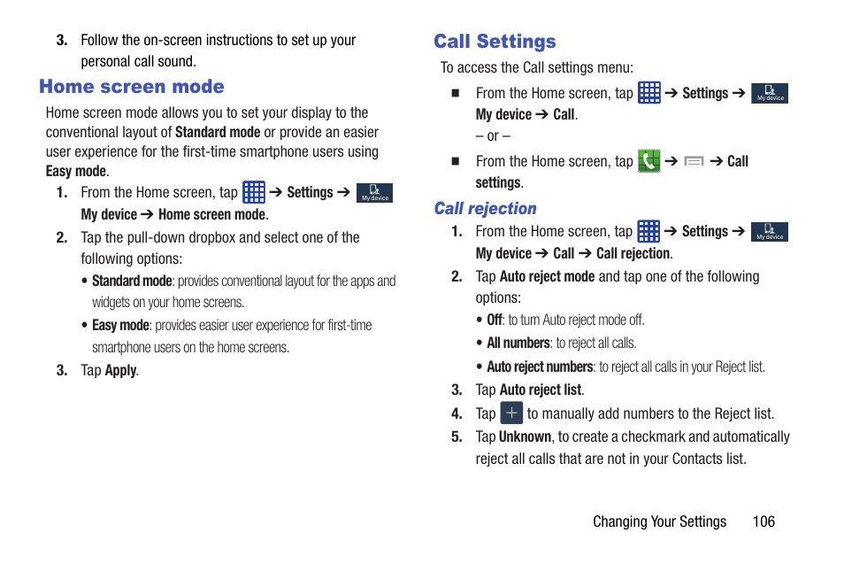 Home screen mode, Call settings, Home screen mode call settings | Samsung SGH-I527ZKBATT User Manual | Page 113 / 237